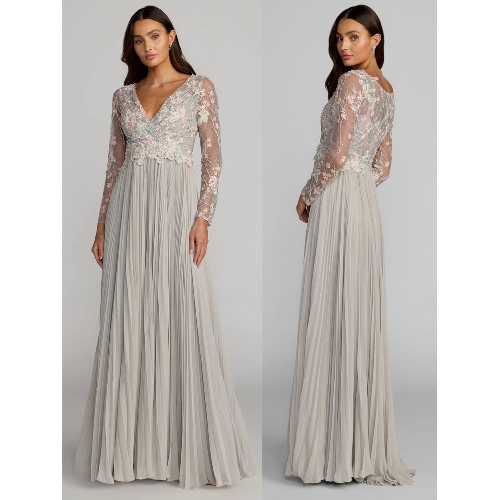 NWT Mac Duggal Gray Long Sleeve Embroidered Chiffon A-Line Gown $698 - Size 4